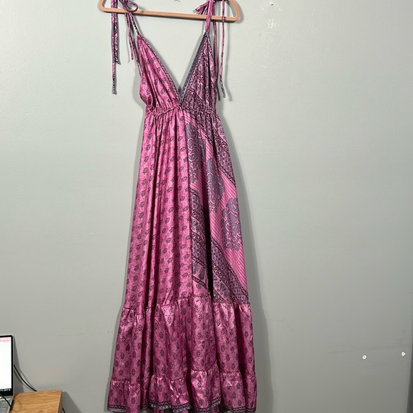 Women’s Silk Maxi Layered Open Back Shoulder Tie Purple Pink Dress OS - Picture 4 of 16